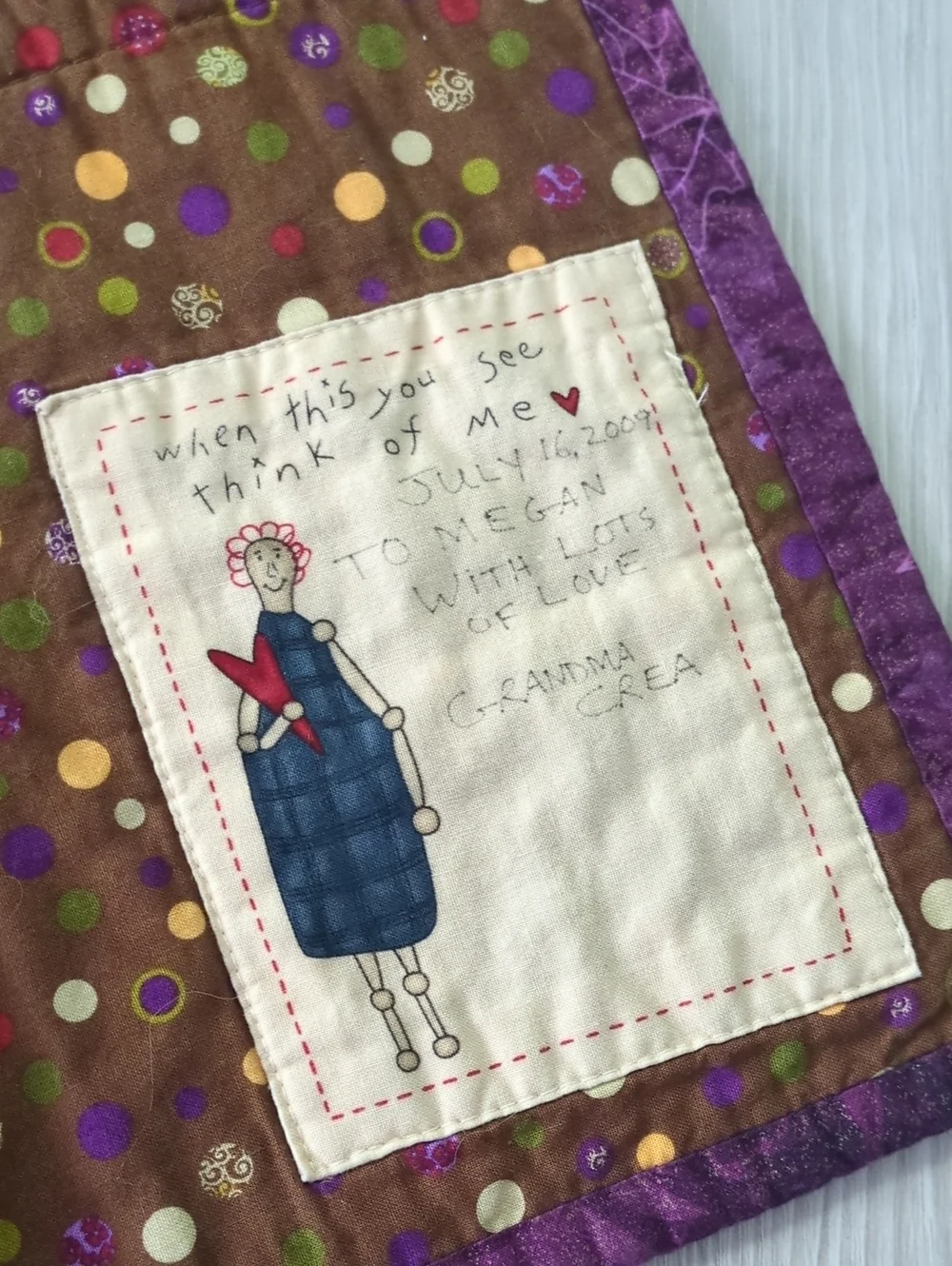 Handmade Floral Patchwork Quilt Wall Hanging Signed by Grandma Colorful Folk Art